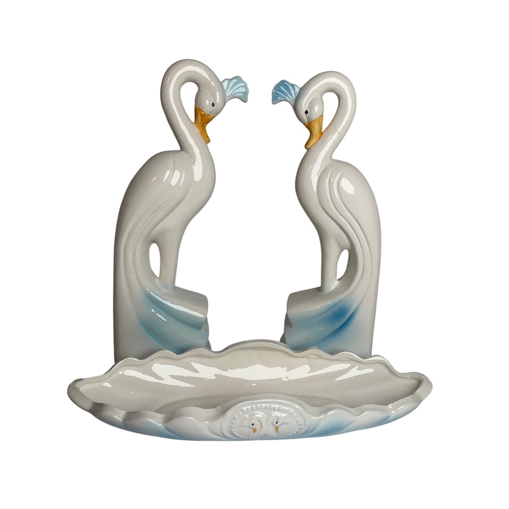 Vintage 1988 Artmark‎ Chicago Ceramic Crane Figurine Console Set White Blue 3pc